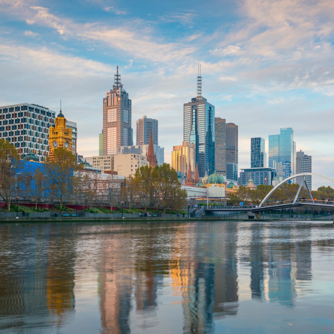 Melbourne city skyline in Australia with blue sky