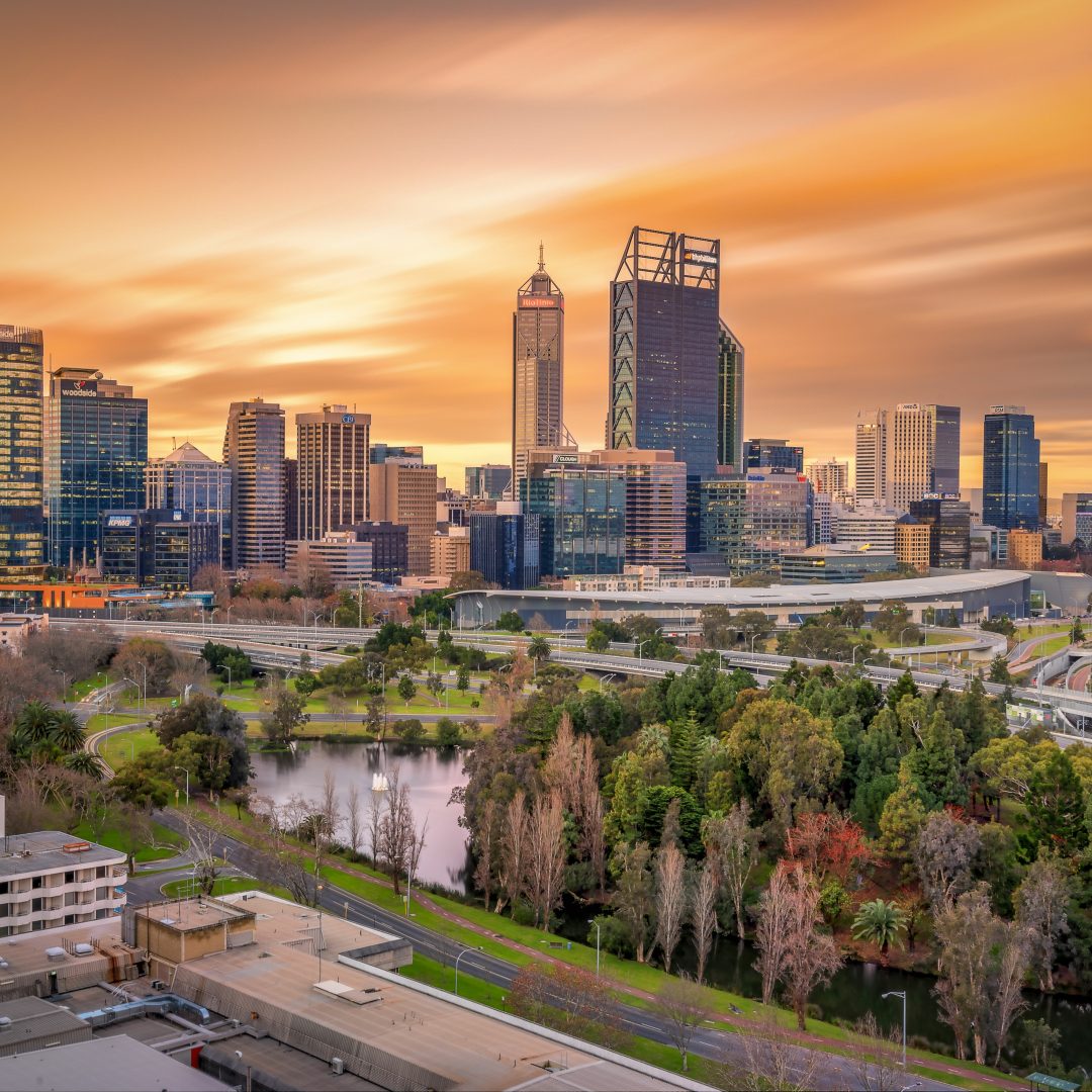 Perth city skyline at sunset with stretchy clouds